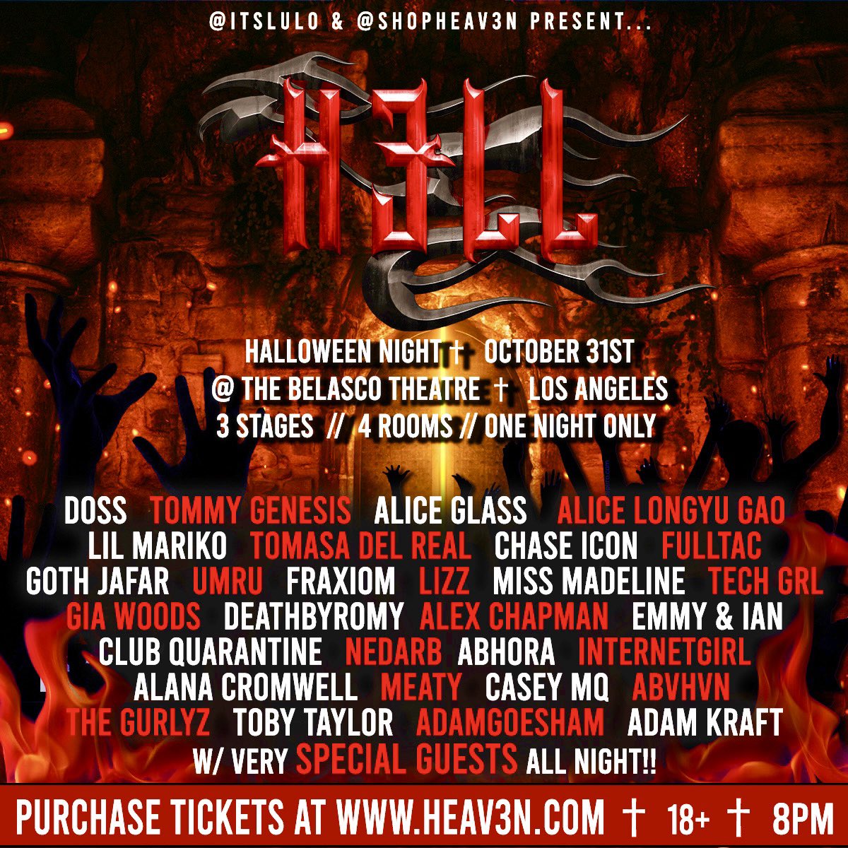 heav3nparty's tweet photo. 🔥 H3LL 🔥 LINEUP UNLOCKED!! 😈 We can’t wait 2 drag u to H3LL this Halloween Night OCTOBER 31ST!! 🖤 This will be our BIGGEST party yet with 3 different Stages, multiple rooms/levels, &amp; Special surprises all night!!! 😈🔥 TICKETS AVAILABLE AT https://t.co/8IVryg4hfv https://t.co/E4TdR2yFUK