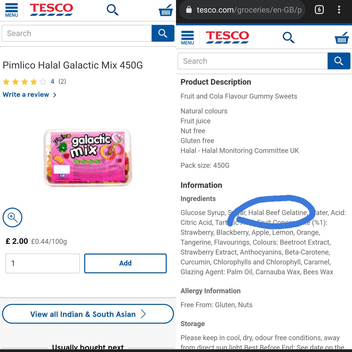 Dh2uv's tweet photo. In @Tesco Elmers End and have just seen this. Putting Beef Gelatine sweets for sale in the Diwali section. You know Hindus consider cows sacred. Absolute disgrace. Imagine Hindus buying these unaware and putting them in favours and treat boxes as gifts. Are you guys for real?!?!? https://t.co/KXa1V0dCiW