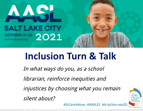 MuseMoore's tweet photo. School libraries are not neutral spaces, but empower our student voices.  @meg_allison has a tough question to discuss. Reinforced @omekongo's opening keynote - we all need to do the work.

#AASL2021 #SLCoreValues https://t.co/q9CDZgllA7