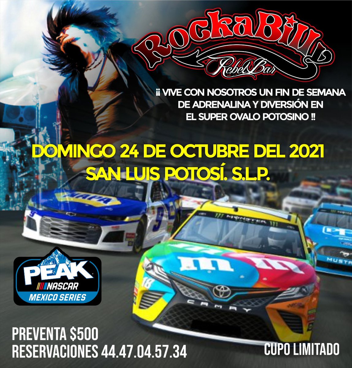 Toda la diversión de #RockaBilly en el #SúperÓvaloPotosino este 24 de Octubre.

‼️ CUPO LIMITADO ‼️

¡Reserva tu lugar! 📱44 47 04 57 34

#NascarPeak #NascarPeak2021  #NascarPeakSanLuisPotosi #SuperOvaloPotosino #RockaBilly