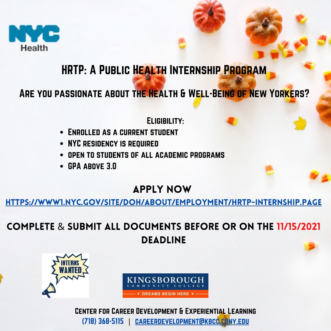Are you passionate about the Health &amp; Well-Being of New Yorkers? Complete &amp; submit all documents before or on the 11/15/2021 deadline. Apply now! #internshipopportunity #kbcccareer #kbcccareersuccess