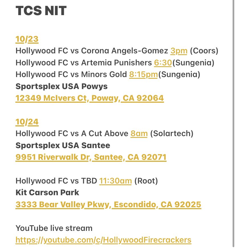 FirecrackersHWD's tweet photo. Coaches here is our schedule for this weekend in Sunny San Diego. @TCSFastpitch NIT https://t.co/ZuZe41z9CQ