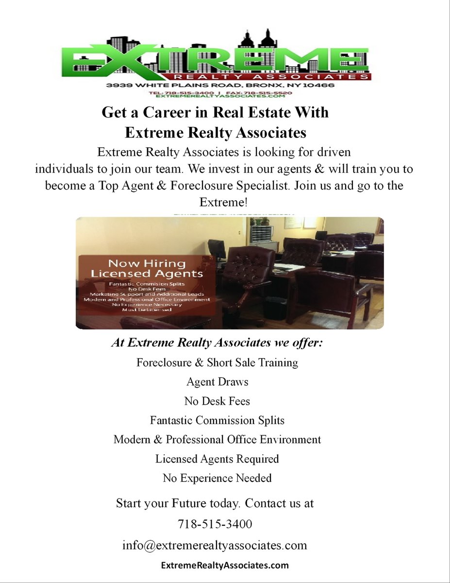 Extreme_Realty's tweet photo. Extreme Realty Associates is now HIRING! If you are looking to jumpstart your career in real estate, Extreme is the place to do it. No experience needed, work hours are flexible, &amp; we give high commission. Come to 3939 White Plains Rd or contact us at 718-515-3400 for more info. https://t.co/uzTN5mvWm0
