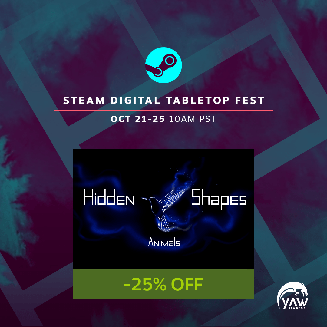 YawStudios's tweet photo. Steam Digital Tabletop Fest is ON!!! 👾👾

Hidden Shapes Animals!

Oct 21 - 25
.
.
.
#steam #tabletop #tabletopfest #yaw #yawgames #indie #indiegame https://t.co/1B2aBLA2wr