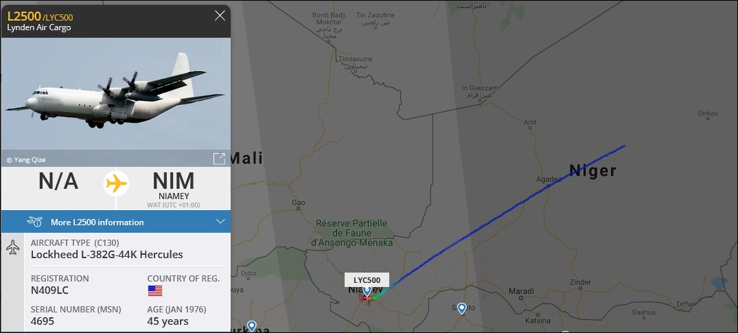 fabsenbln's tweet photo. #Niger - Busy day for #LYC500 Lockheed L-100 Hercules (reg. #N409LC) from Lynden Air Cargo.
Flying between Niamey, #Agadez and a not tracked north-east location. These flights occur about 2, 3 times a month. Lynden Air Cargo is an US military contractor. https://t.co/xqAMbXahw5