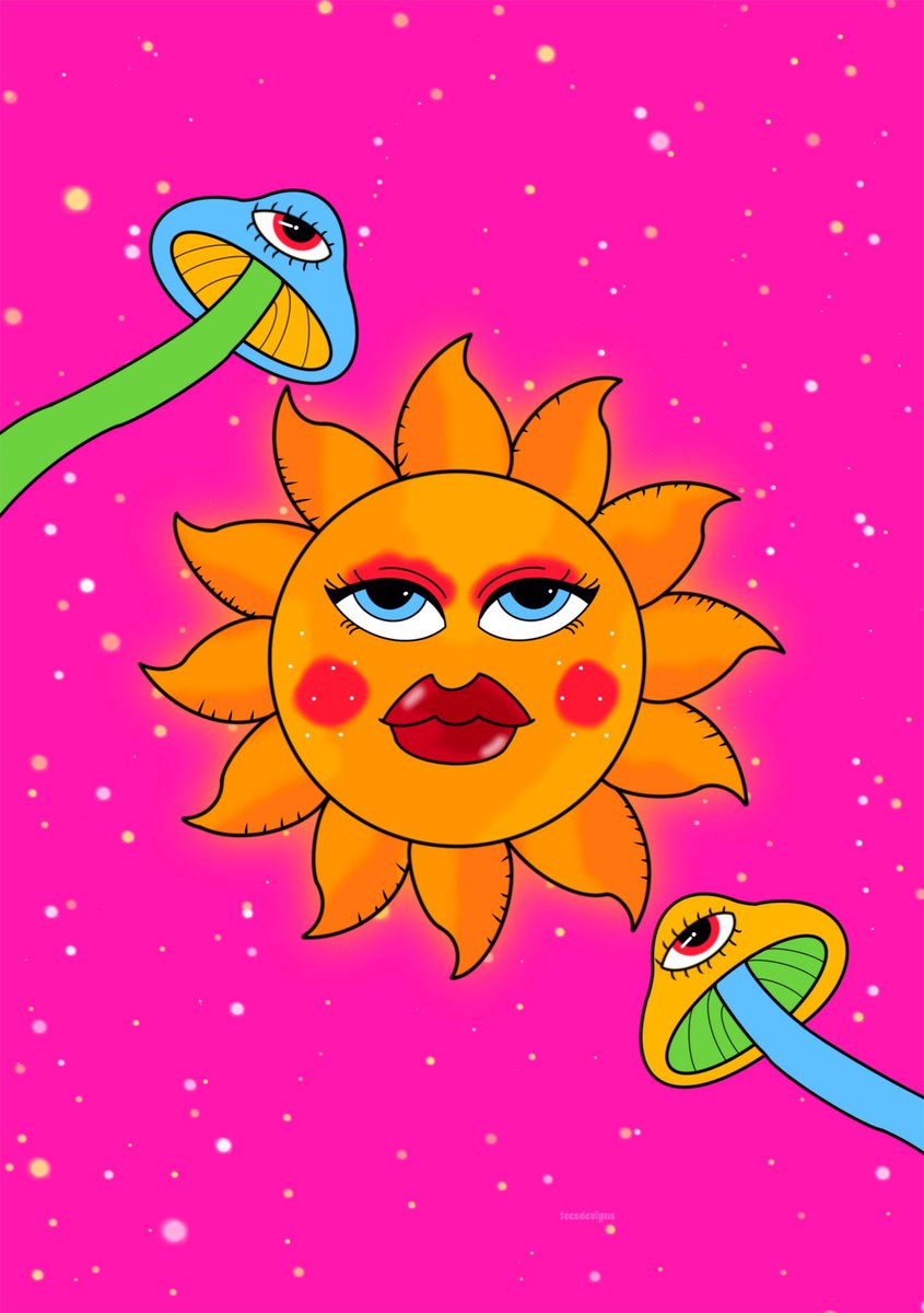 Cute, trippy sun &amp; shrooms illustration available for prints