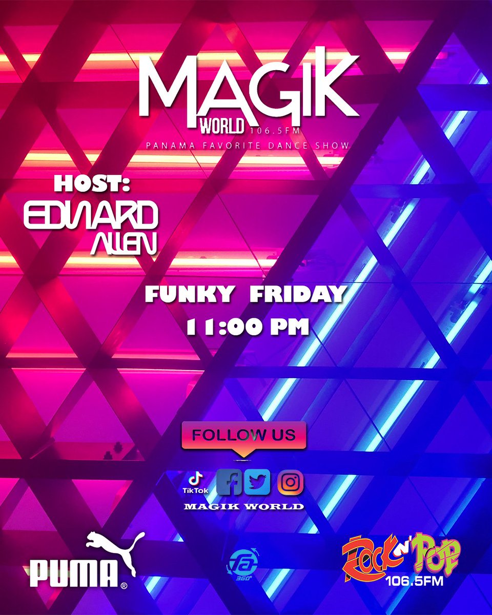 magik_world's tweet photo. Panama Favorite Dance Show with @DjEdwardAllen  for @RocknPop1065 ▪ Monday to Friday at 11:00 PM]
Listen to us from your #smartphone with the app #FA360  https://t.co/BuWJ13kT8Y and channel 854 of @TigoPanama 

🔷 Friday: Funky Friday 

#magikworld #friday #fridaymood https://t.co/0VgJ0Yqo8L