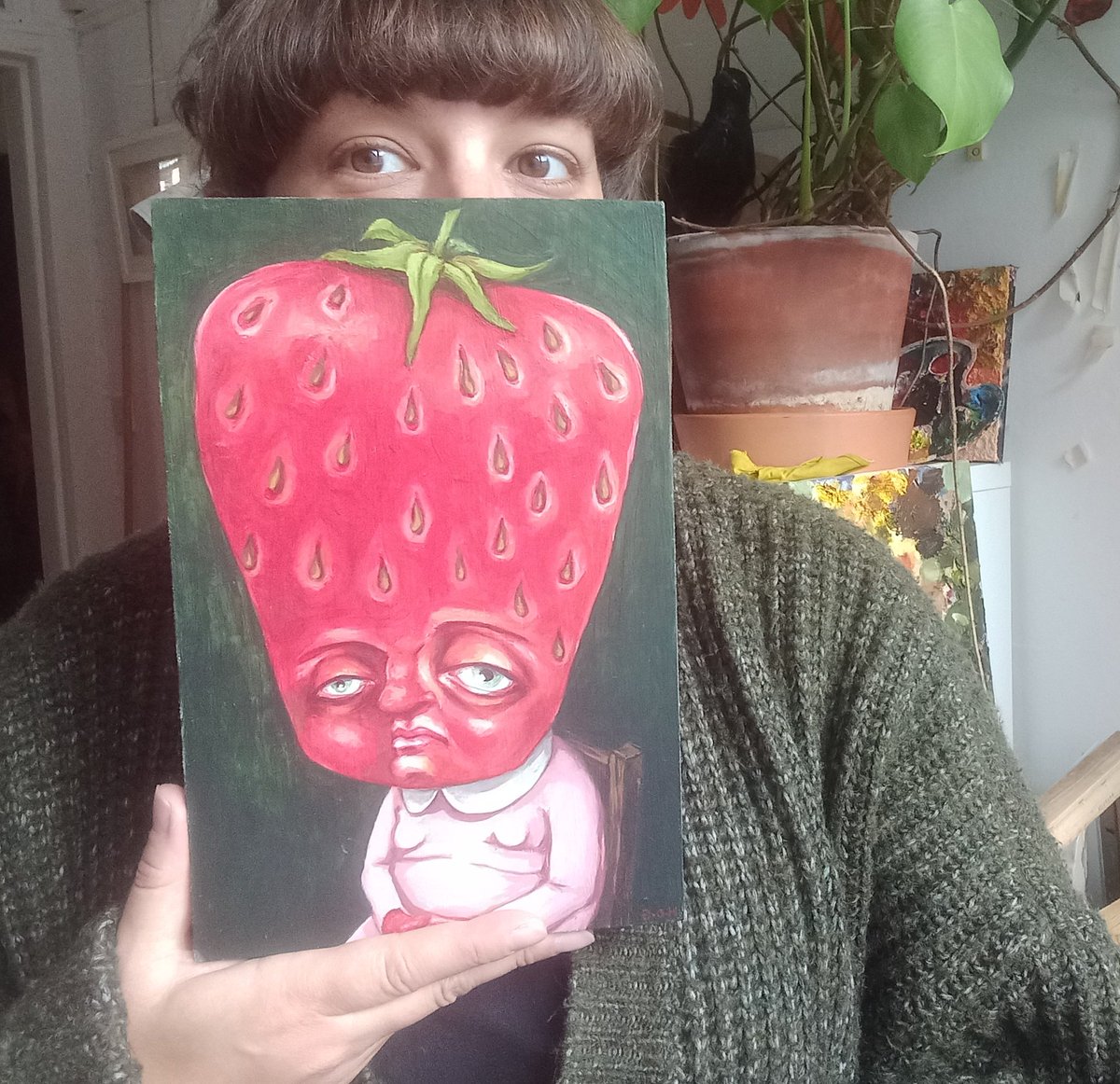 ArtSchoolRacket's tweet photo. Fancy a painting of a sad Strawberry girl? There's still time to bid on this and many more artworks donated by #GSAalumni #artauction #buyart https://t.co/0YAQjMtWN8