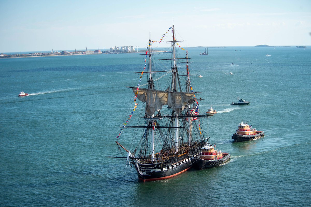 USSConstitution's tweet photo. SAIL HO! Isn't Old Ironsides beautiful with her topsails down?

USS Constitution concluded the first week of Chief Petty Officer Heritage Weeks by getting underway with over 100 newly selected chief petty officers and dropping the topsails. #OldIronsides #NavyChief https://t.co/nl2Giy9krU