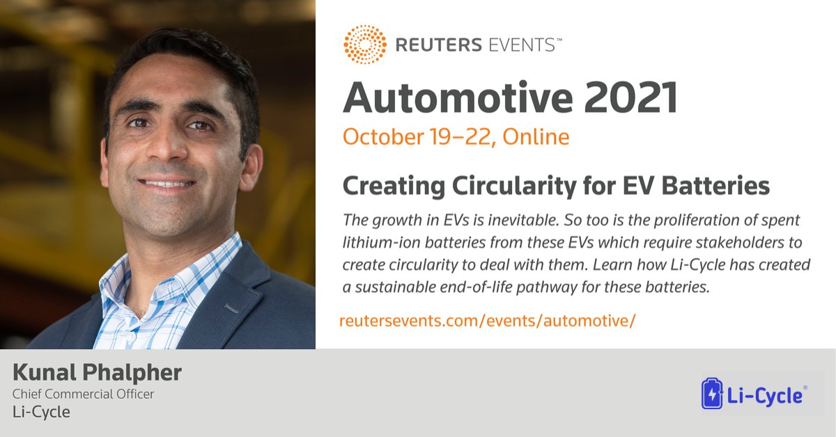 li_cycle's tweet photo. Li-Cycle’s CCO, Kunal Phalpher, presented at “@Reuters Events Automotive 2021” and discussed LICY’s mission to create a sustainable battery supply chain. We were delighted to be a part of it! https://t.co/H3peaKMqkb
#ReutersEventsAutomotive #SustainabilityMatters https://t.co/aM34KGAhE1