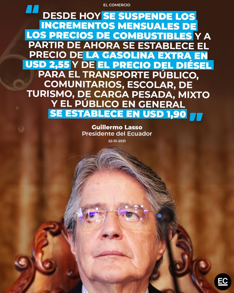 elcomerciocom's tweet photo. #URGENTE | Se suspenden incrementos en precios de los combustibles, anuncia el presidente Guillermo Lasso » https://t.co/B9kFhLfKDr https://t.co/ZXhuO6eS3X