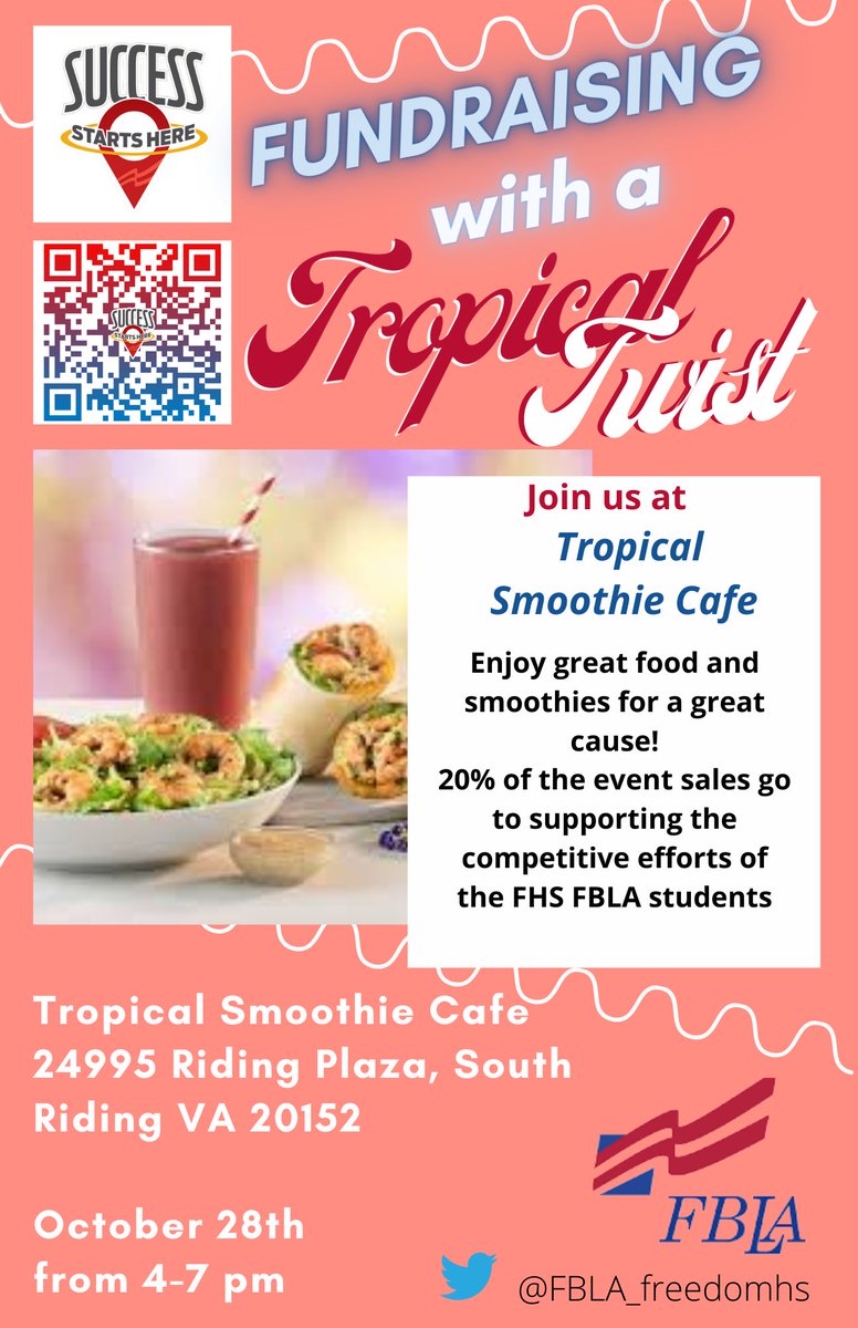 FBLA_freedomhs's tweet photo. Stop by Tropical Smoothie Cafe in South Riding Next Thursday, Oct 28th, and support FHS FBLA!!!!! https://t.co/TJYnlG5Q1l