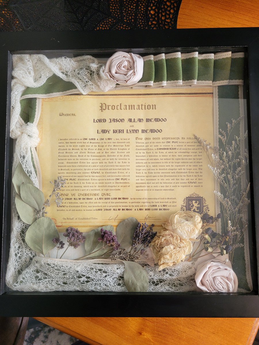 gardengirl1976's tweet photo. And it's done!! I FINALLY ordered a shadow box and it arrived this week. The proclamation of our nobility (my wedding gift to my husband on our wedding day) surrounded by the handmade lace and ribbon from our handfasting with dried flowers and such from my bouquet. #WeddingBox ๐ https://t.co/DVLkmCn1Cw