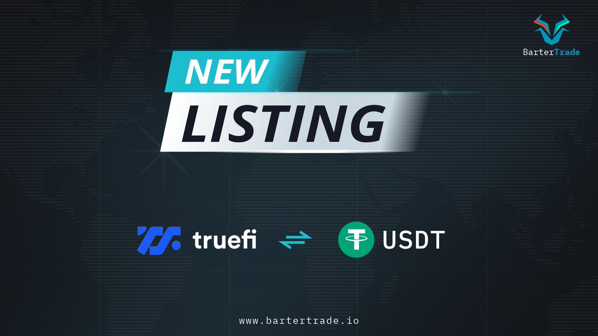 BarterTrade will list @TrustToken token under the trading pair of TRU/USDT on October 22, 2021. Deposits: Already Open Trading starts: October 23, 2021 at 17:00 UTC Get ready to trade $TRU with $0-fee for one week.