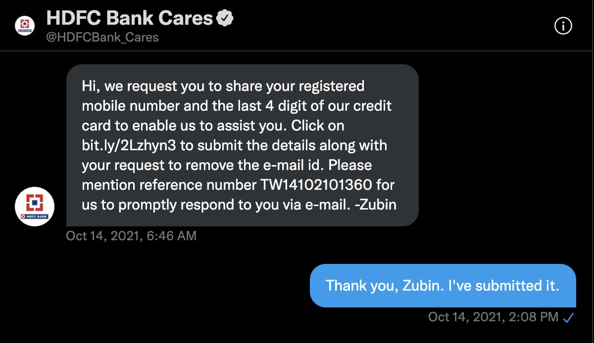 Harishanimagus's tweet photo. @HDFCBank_Cares No offense, but is Zubin just one person, or multiple people using an alias? Don't understand why you're asking me for a number which you shared. It's right above your most recent message in DM.  You yourself have mentioned that the request is also for removing my (old) email id. https://t.co/Yyqm1tLrQQ