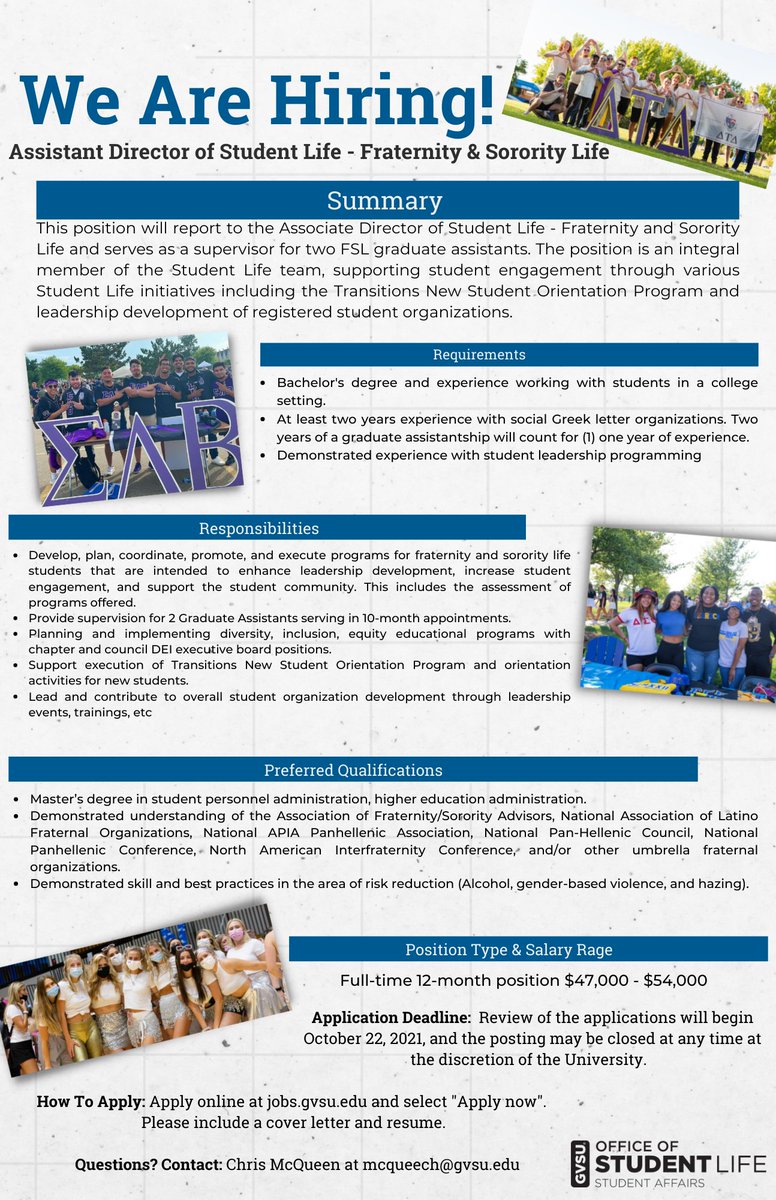 It's a great day to become a Laker! GVSU Fraternity and Sorority Life  is accepting applications for our Assistant Director of Fraternity and Sorority Life position. The search committee will be reviewing applications soon.