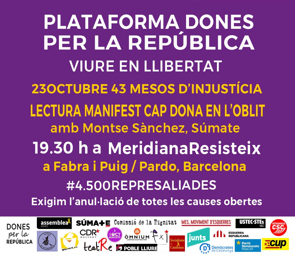 Demà, dissabte 23 octubre, continuarem reivindicant a totes les represaliades polítiques a  #MeridianaResisteix 
*555 dies fent front a la repressió!

43 mesos de campanya Cap Dona en l'Oblit, 43 mesos d'injustícia!

Visca <a href="/MeridianaResis1/">MeridianaResisteix</a> !