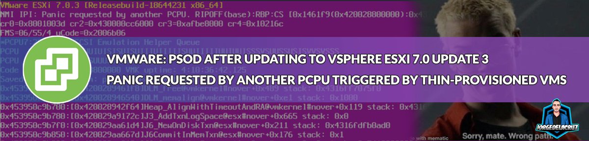 [New Blog+video] VMware: PSOD after updating to vSphere ESXi 7.0 Update 3 - Panic Requested by another PCPU - thin-provisioned VMs - jorgedelacruz.uk/2021/10/22/vmw… Quite important read, and to be aware to really do not update to ESXi 7.0.3 if you have thin-provisioned VMs <a href="/VMware/">VMware</a>