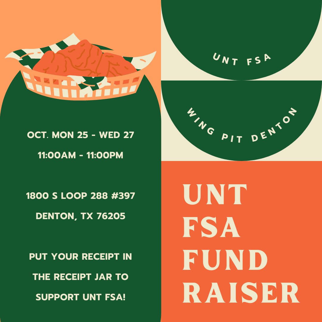 untfsa's tweet photo. Make a pit stop by Wing Pit from October 25-27 and grab yourself some wings and support us while you're at it! Don't forget to put your receipt in the receipt jar at the counter! 🍗😋 https://t.co/Ra4OYLglLF