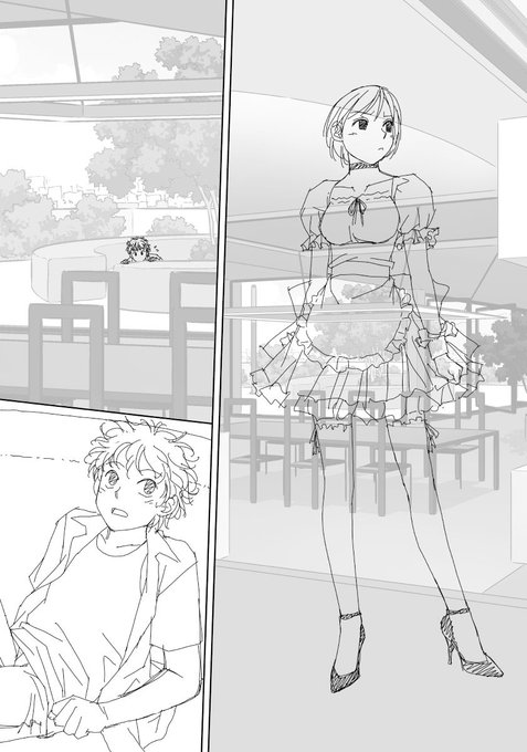 「My doll house」の下描き
台詞フキダシ擬音無し絵その、77

なんちゃってメイド服ですが、これもまた現代文化とゆー事で……😅 