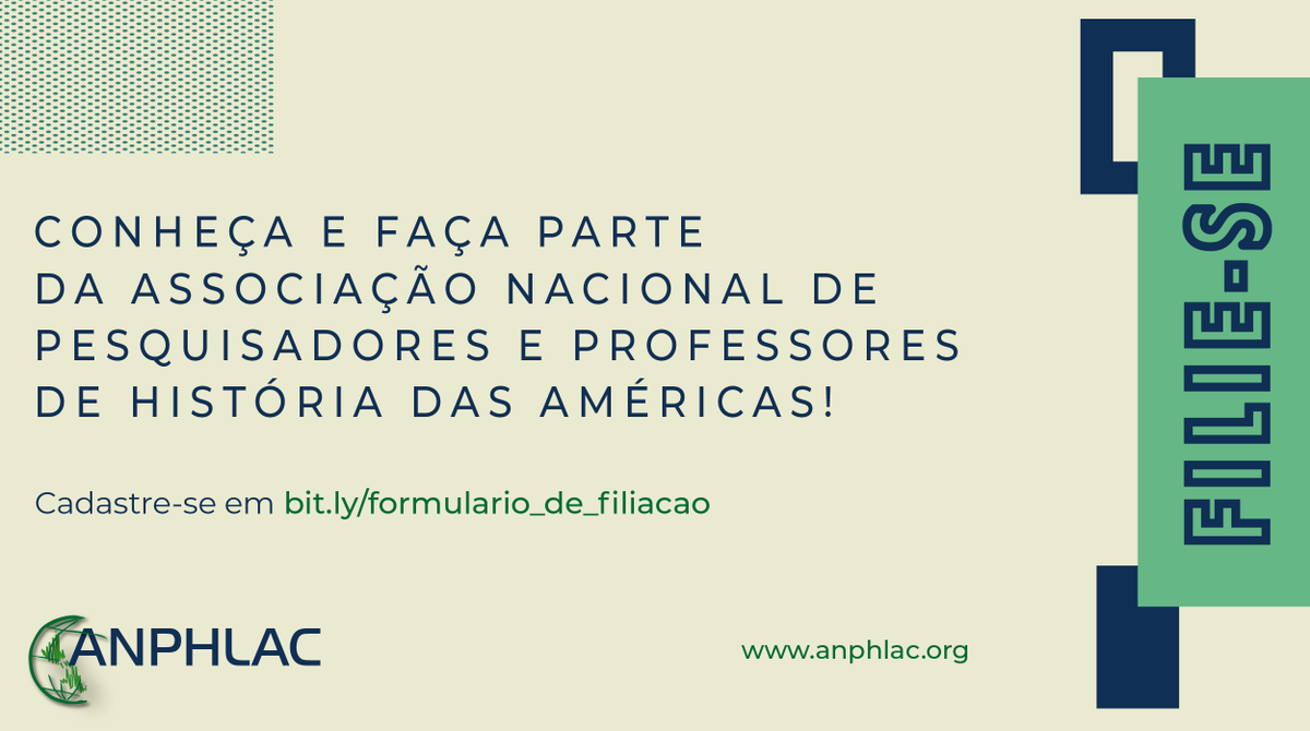 ANPHLAC's tweet photo. A ANPHLAC tem como objetivo principal congregar os(as) #pesquisadores(as) que se dedicam à pesquisa à docência e à extensão em #HistóriadasAméricas no #Brasil, nas mais diversas dimensões desse #conhecimento.

Filie-se em https://t.co/gvK8wmltnu https://t.co/98MdYLR8Lk