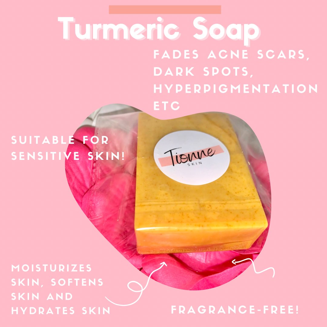 My Turmeric Soap is my top selling product for this year!!

It’s suitable for all skin types including sensitive skin. 

It helps with acne, acne scars, dark spots, breakouts, eczema, psoriasis, etc. 

It also brightens your skin, adds glow to your skin, moisturizes skin etc