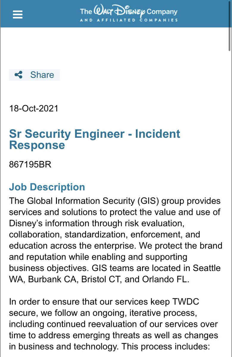 SarahSurz13's tweet photo. A security career in Disney?!? My team is adding another skilled professional to our incident response team! 🤩 Please reach out if you want to apply or ask questions https://t.co/q75FF4i24H #dfir #incidentresponse #disney #jobs #dfirjobs https://t.co/iHJcF904w7