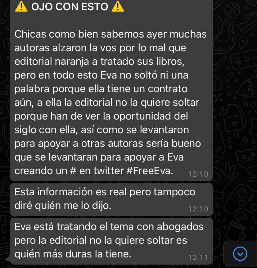 AnyarisP's tweet photo. Apoyemos esto por favor, no es normal que Eva no haya dicho nada y se mantenga callada, cuando a ella le hacia mucha ilusion.
#FreeEva 
Hasta donde piensa llegar esa editorial nefasta
@EditorNaranja 
#JusticiaParaLasEscritoras 
#ENisOverParty https://t.co/Z3k5Yo6JjV