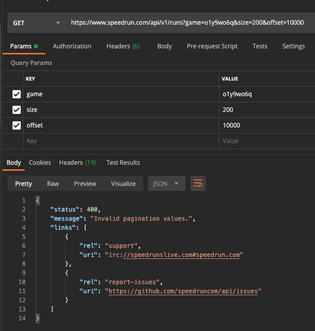 yo <a href="/speedruncom/">Speedrun.com</a> can you remove the 10k limit for the "offset" param in the API? There's no reason this request should fail