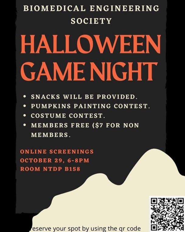 HALLOWEEN GAME NIGHT!! <a href="/untbmes/">UNT BMES</a> are having a very fun game night on October 29th. There will be a pumpkin painting contest, costume contest, and delicious snacks! Make sure you reserve a spot using the QR code found in the flyer(bottom right corner). Get ready to be spooked!🎃👻
