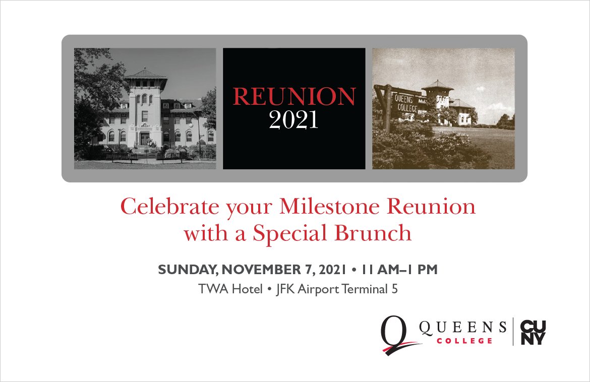 SAVE THE DATE: Sun Nov 7, 2021 from 11am-1pm

Meet President Frank H. Wu at the Reunion Brunch at the TWA Hotel (Ambassador Club Lounge) at JFK Airport Terminal 5
RSVP: Fri, Oct 22, 2021 (space is limited)
rsvp.dev@qc.cuny.edu or call 718-997-3930
.
.
#qcalumni #qc #queenscollege