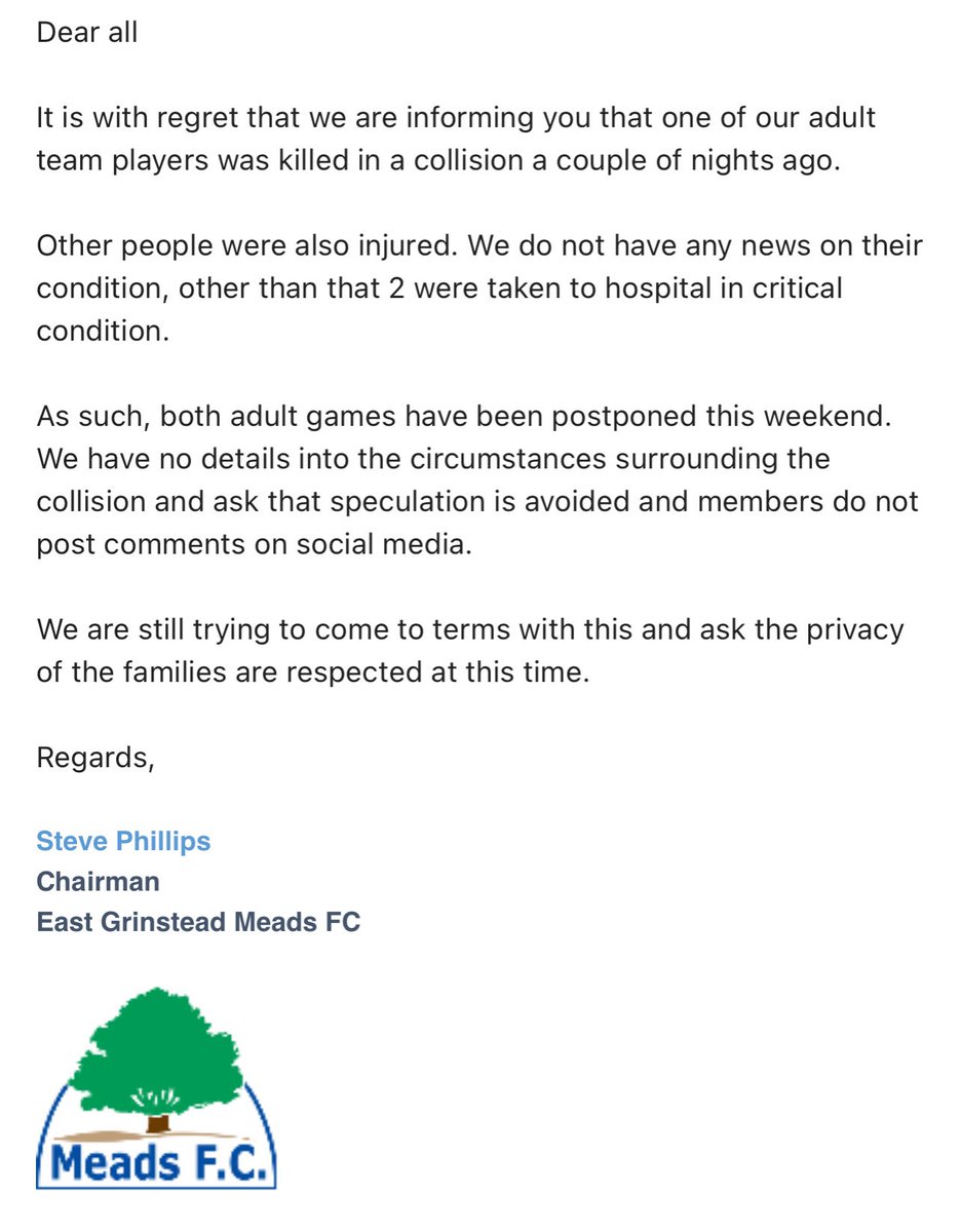 Please see the below message from our chairman with regards to the recent tragic news. The thoughts from all associated with the club are with the players family and friends.