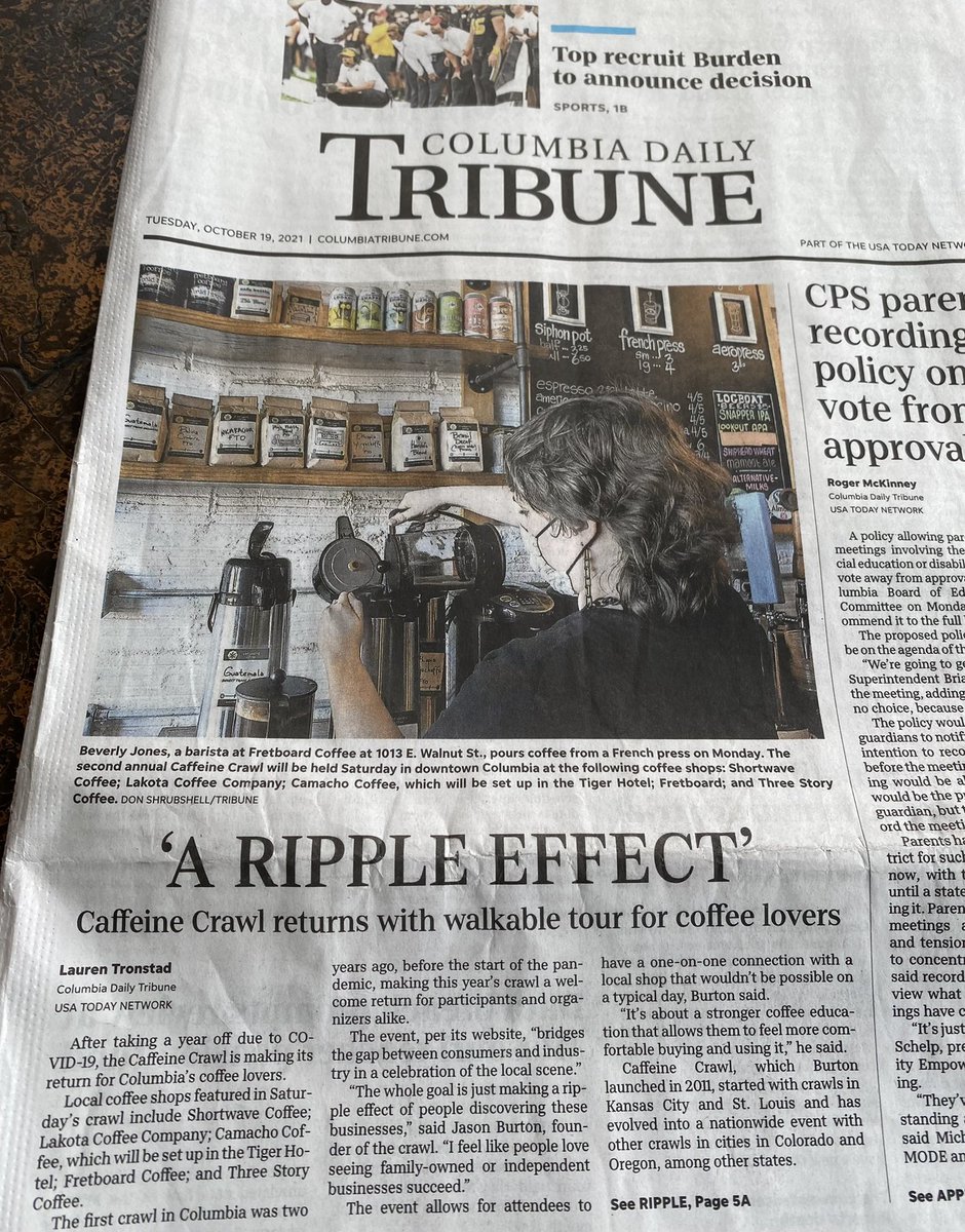 Fretboardcoffee's tweet photo. Did you catch us on the front page of the @columbiatribune this week?! It got us even more pumped to see folks at tomorrow’s long-awaited @CaffeineCrawl. ☕️🏃🏾‍♀️

Read the full story here: https://t.co/Ign4uf4nRT https://t.co/mvQa6HCYLn
