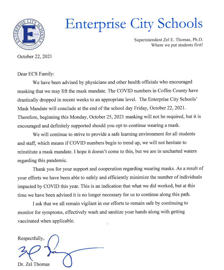The mask mandate will conclude at the end of the school day, today, Oct. 22