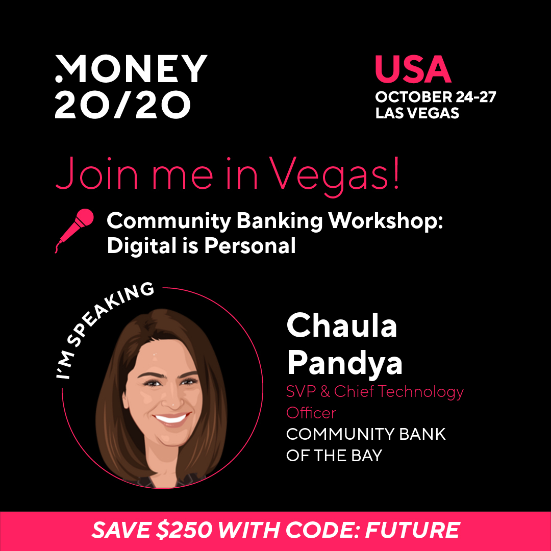 bankCBB's tweet photo. On Sunday, 10/24, CBB's SVP/CTO Chaula Pandya, will join @NumeratedGT's Chief Customer Officer for a conversation at the Money 20/20 conference. Join us to learn more about how CBB is leveraging technology to continue to offer outstanding service to our business lending clients. https://t.co/EcuBPwBSJO