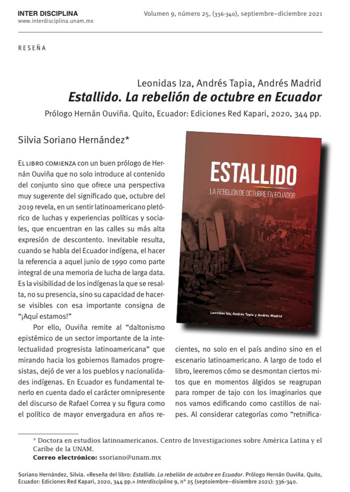sachacristo1's tweet photo. Reseña del libro “Estallido” en Interdisciplina 9, n° 25 por Silvia Soriano, catedrática de la UNAM. 
A nuestros detractores, si vamos a debatir, hagámoslo en serio https://t.co/pZo2hyurFm