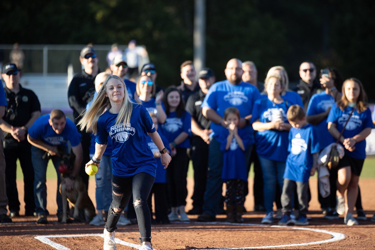 UNAAthletics's tweet photo. A beautiful evening honoring SGT Nick Risner’s Family and LT. Max Dotson! It was an honor to have Aili Risner throw out the first pitch. Thank you to the Shoals community for coming out to support this amazing family! 💙 https://t.co/2nlytdix3c