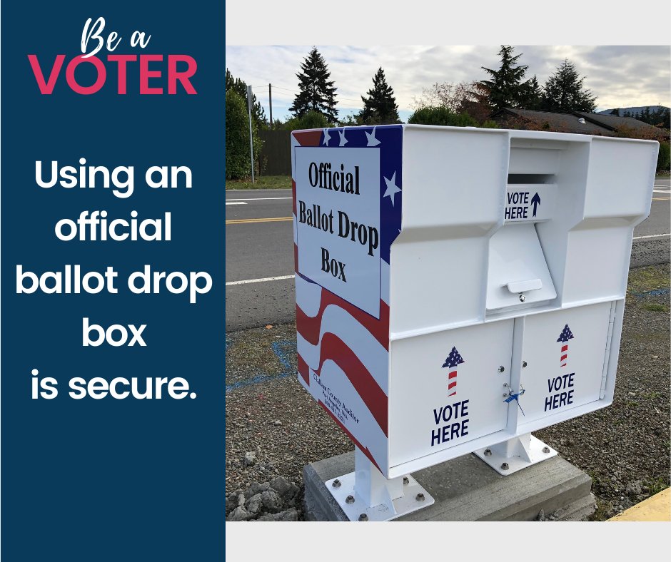 LWVWA's tweet photo. Using an official ballot drop box is secure. They're built to prevent tampering and are highly secure. Ballots deposited in drop boxes are SAFE. 

Designated officials open drop boxes and deliver the ballots to their respective county elections office regularly.  #WAVotingFacts https://t.co/7FL5AJJgEA