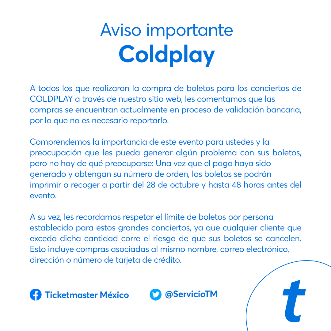 Ticketmaster_Me's tweet photo. 🎟️🎟️ ¿Compraste boletos para #Coldplay y te aparece un mensaje sobre problemas con tu compra?

ESTO TE INTERESA 👇 https://t.co/xCDPIXMiKP