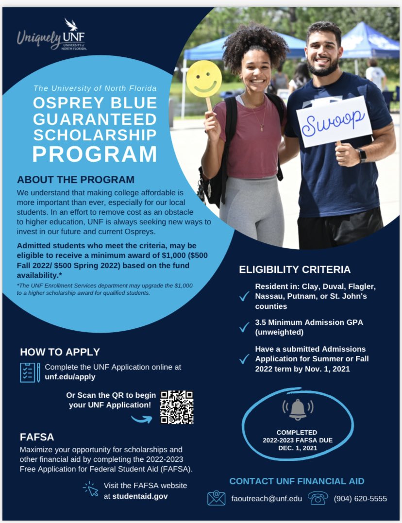 EdwardHWhiteHi1's tweet photo. You can get GUARANTEED admission to @UofNorthFlorida just by meeting these ⤵️ guidelines❗️Anddddd…some #FREE money 💰 too‼️ #SwoopThereItIs🦅⚡️ https://t.co/iF5eHgIwQ2