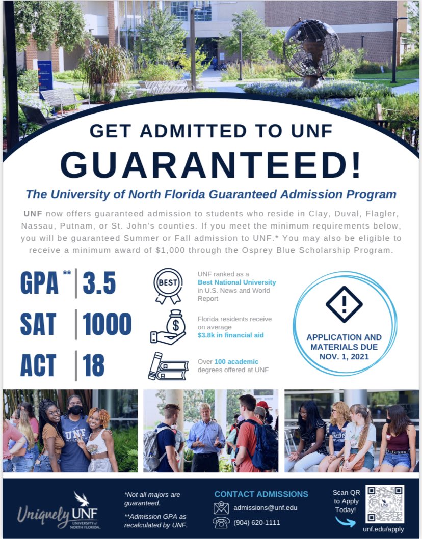 EdwardHWhiteHi1's tweet photo. You can get GUARANTEED admission to @UofNorthFlorida just by meeting these ⤵️ guidelines❗️Anddddd…some #FREE money 💰 too‼️ #SwoopThereItIs🦅⚡️ https://t.co/iF5eHgIwQ2