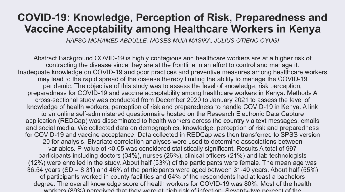 COVID19arXiv's tweet photo. 𝗧𝗶𝘁𝗹𝗲: COVID-19: Knowledge, Perception of Risk, Preparedness and Vaccine Acceptability among Healthcare Workers in Kenya.
𝗔𝘂𝘁𝗵𝗼𝗿𝘀: Hafso Mohamed Abdulle, Moses Muia Masika, Julius Otieno Oyugi
https://t.co/8SF6aL5ofB https://t.co/MIoa1Fq5qt