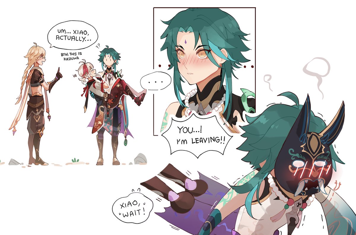 prinzcake's tweet photo. xiao's first meeting of kazuha in my head https://t.co/6k9BNhNNPZ