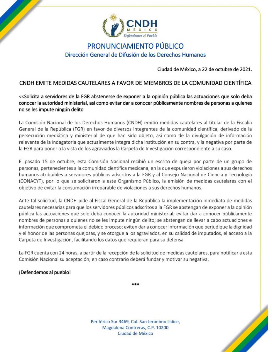 FCCyT 🔬🔭 (@foroconsultivo) on Twitter photo Pronunciamiento público:
<a href="/CNDH/">CNDH en México</a> emite #MedidasCautelares a favor de miembros de la comunidad #Científica.
#ForoConsultivoLegal
#CienciaPorMéxico
#DefendemosAlPueblo Pronunciamiento público:
<a href="/CNDH/">CNDH en México</a> emite #MedidasCautelares a favor de miembros de la comunidad #Científica.
#ForoConsultivoLegal
#CienciaPorMéxico
#DefendemosAlPueblo