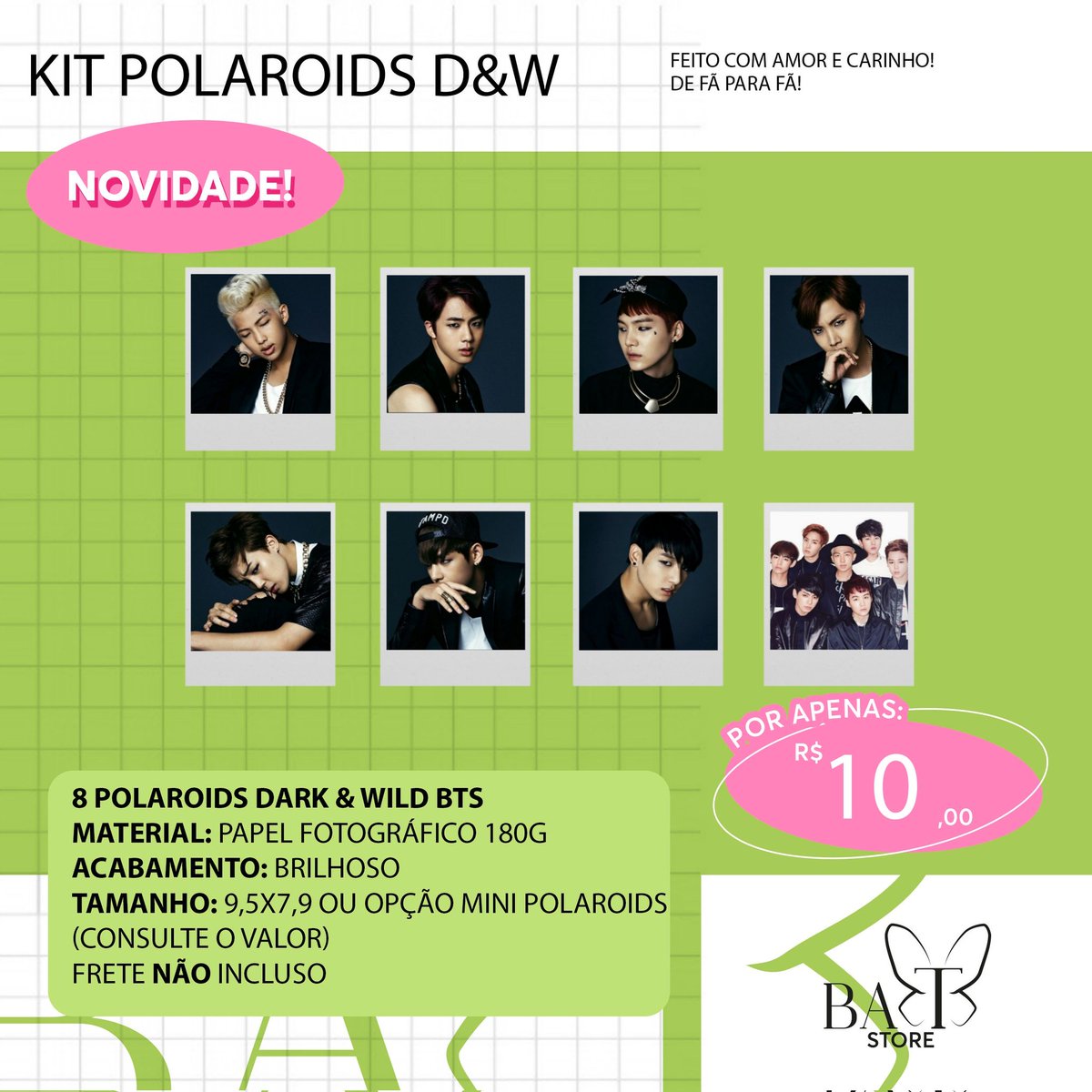 BAT_Store_'s tweet image. 🦋 Kit Polaroids D&amp;amp;W [#BTS]

🏷|| Pedido via DM
📫|| Envio em até 12 dias úteis 
💵|| Depósito, transferência, pix, paypal (taxa de R$4,50) ou boleto (taxa de R$3,50)
📩|| Frete Fixo: R$12,00 
🎁|| Acompanha brinde!