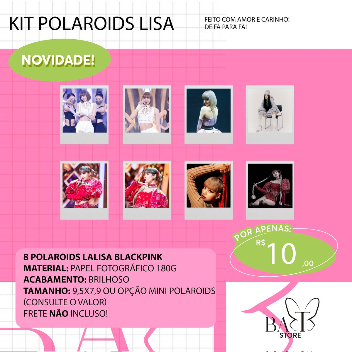 BAT_Store_'s tweet image. 🦋 Kit Polaroids Lisa [#BLACKPINK]

🏷|| Pedido via DM
📫|| Envio em até 12 dias úteis 
💵|| Depósito, transferência, pix, paypal (taxa de R$4,50) ou boleto (taxa de R$3,50)
📩|| Frete Fixo: R$12,00 
🎁|| Acompanha brinde!