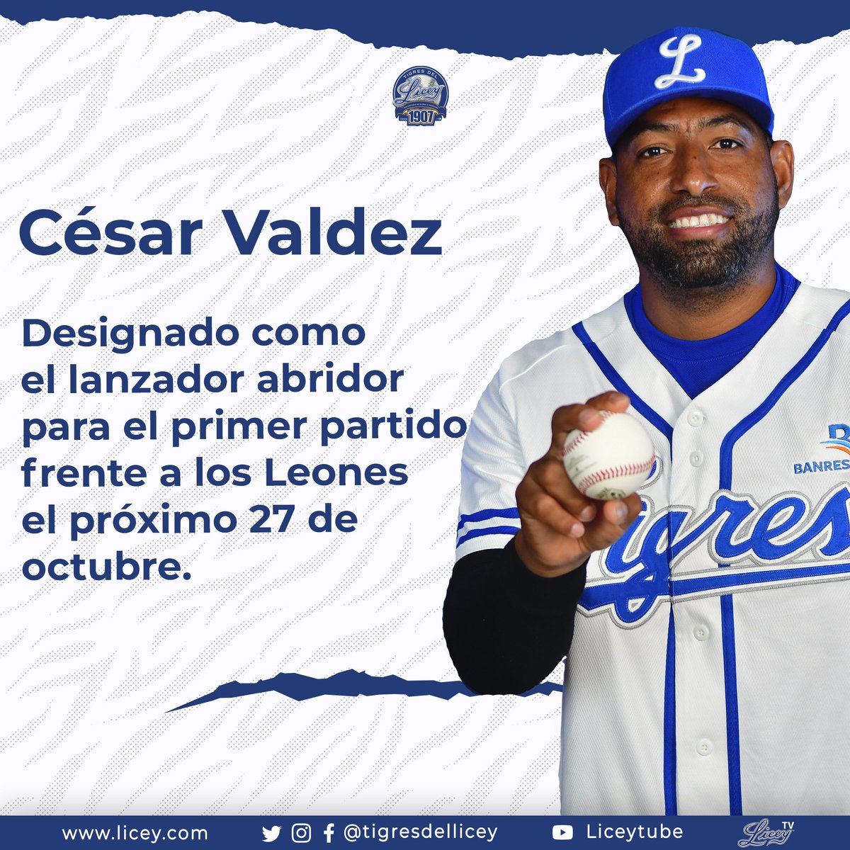TigresdelLicey's tweet photo. El dirigente Tony Díaz designó como lanzador abridor para el primer compromiso de la temporada frente a los Leones del Escogido al hombre de las #5Letras César Valdez 🐐.

#ElGlorioso #PorLa23🏆 https://t.co/I31hiFZbXT