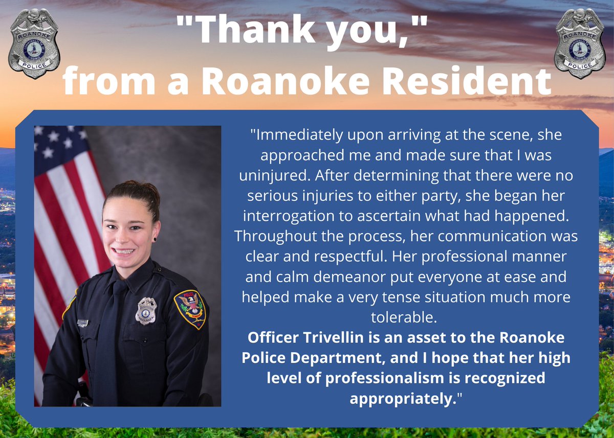 roanokepolice's tweet photo. FEEL GOOD FRIDAY
A community member, Don, sent this letter to us. Don was recently involved in a vehicle crash and Officer Trivellin was the first to respond. We are incredibly proud of her hard word and dedication to the community that she serves.
#RPDpride #RPDCommunity https://t.co/LQv1CQEn9Q