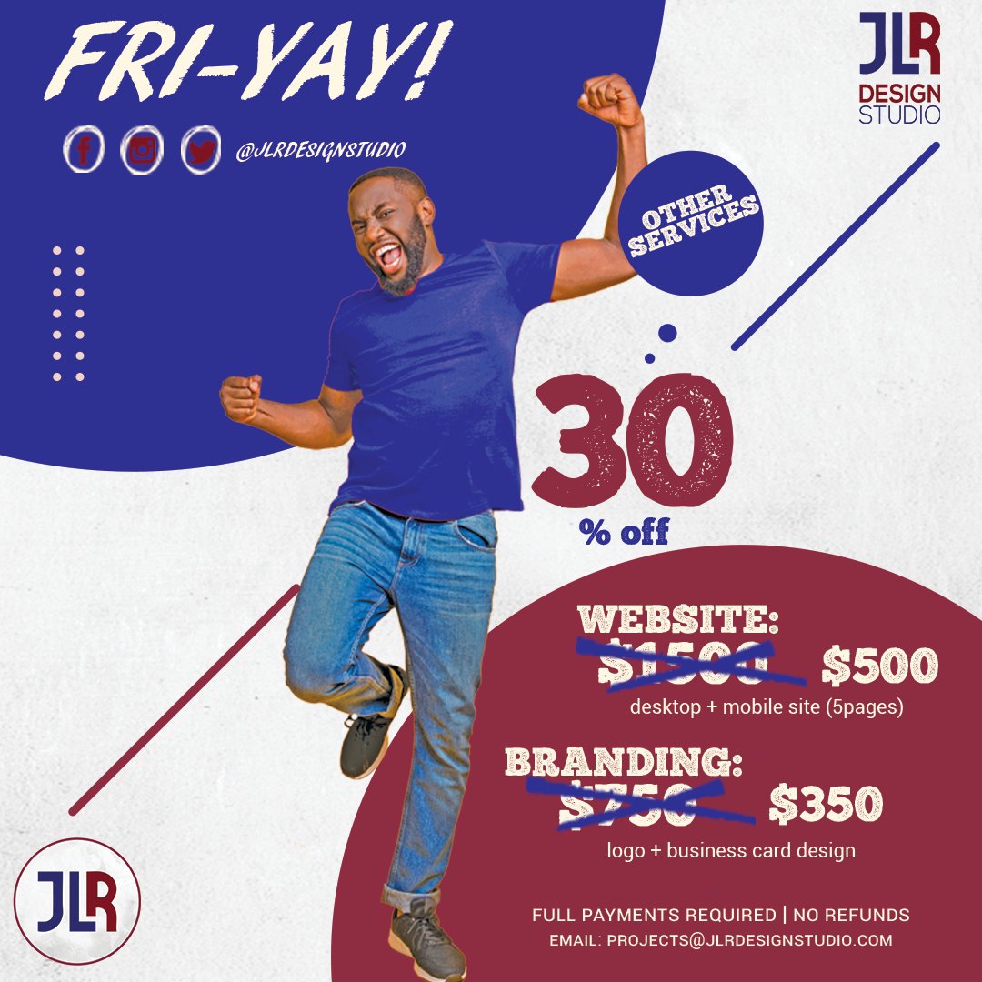jlrdesignstudio's tweet photo. It's FRI-YAY!
Get that professional branding you desire!
JLR Design Studio Enhancing the Brand Identity &amp; Online Presence of Authors, Speakers &amp; Entrepreneurs https://t.co/BZGbjq07Yn