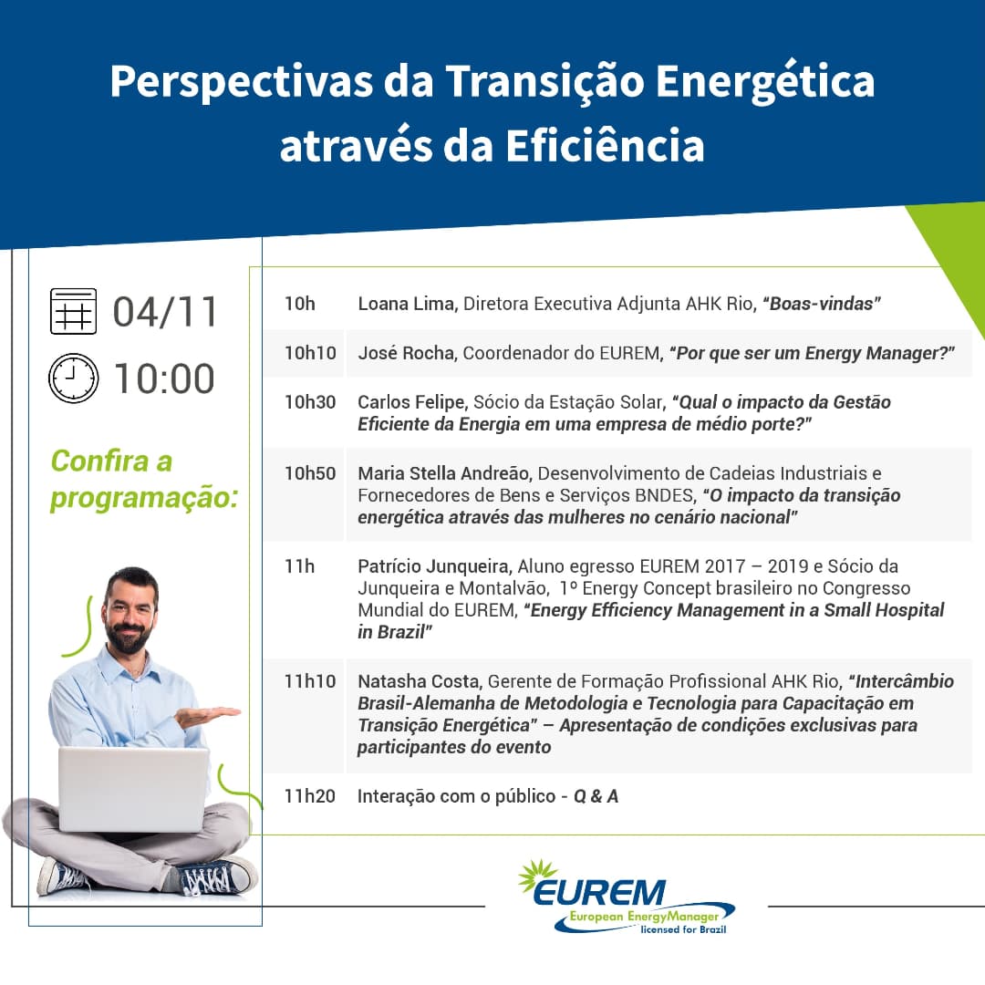 O lançamento do curso de Pós-graduação em Gestão Eficiente de Energia - o EUREM, está chegando! Confira a programação do nosso encontro. 

Mais informações, acesse: brasilien.rio.ahk.de/pt/cursos/eure…